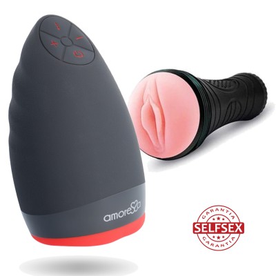 dispositivo preto e cinza com botões e brinquedo sexual texturizado rosa com selo garantia