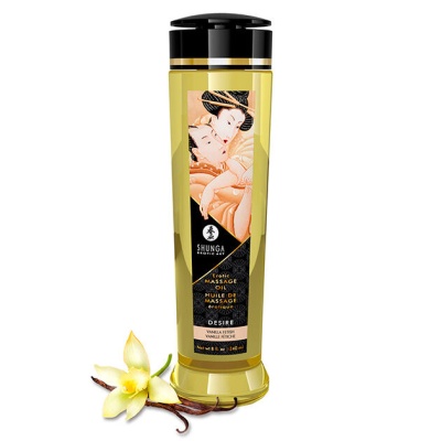 Frasco de óleo de massagem Shunga Erotic Nature Oil Vanilla Exotic com flor e vagens de baunilha