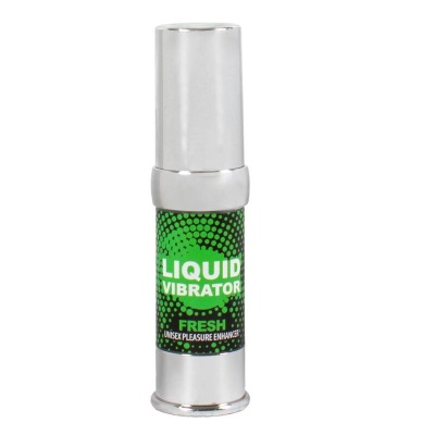 Frasco metálico cilíndrico com rótulo verde e texto LIQUID VIBRATOR FRESH