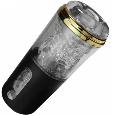 Dispositivo cilíndrico transparente com detalhes dourados e base preta