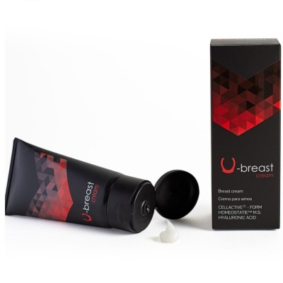 Creme para seios U-breast em embalagem preta e vermelha