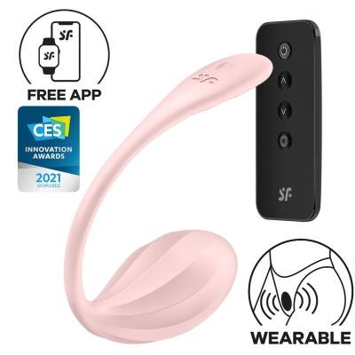 Dispositivo wearable rosa com controlo remoto preto e ícones de aplicação grátis e prémio CES 2021