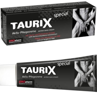 Embalagem e tubo de creme TAURIX special preto com imagem de torso masculino e texto em branco e vermelho