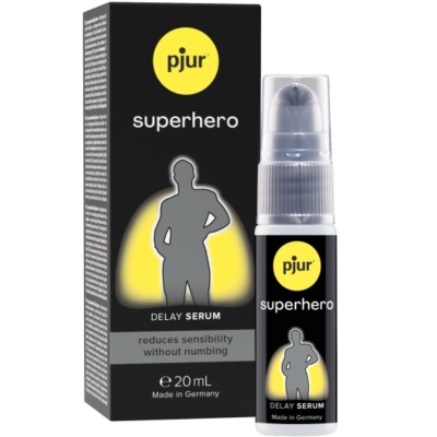 Frasco e embalagem preta e amarela de sérum delay pjur superhero