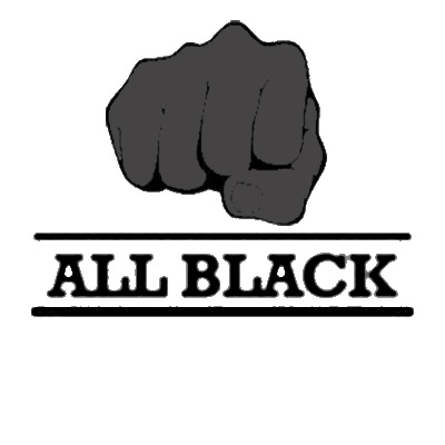 Logótipo com punho fechado preto e texto ALL BLACK em fundo branco
