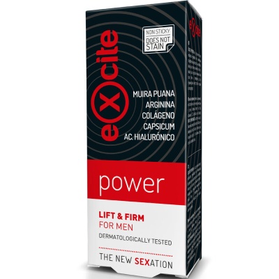 Embalagem do produto excite power para homens em preto, vermelho e branco