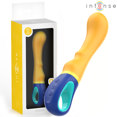 Vibrador amarelo com base azul e detalhes em azul-turquesa em embalagem branca e amarela