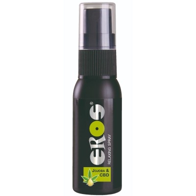 Frasco preto de spray EROS com rótulo destacando Jojoba e CBD