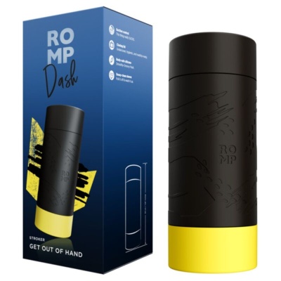 Produto stroker preto com base amarela e embalagem azul com texto ROMP Dash