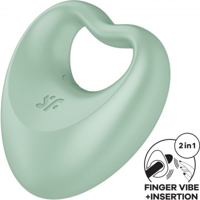 Vibrador verde claro triangular com buraco central e logo 'sf'