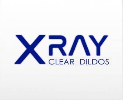 Logótipo azul XRAY CLEAR DILDOS sobre fundo branco