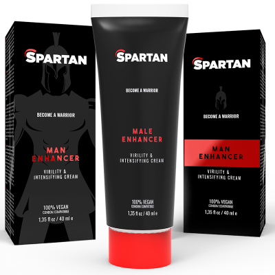 tubo e caixas de creme Spartan Male Enhancer em preto, vermelho e branco