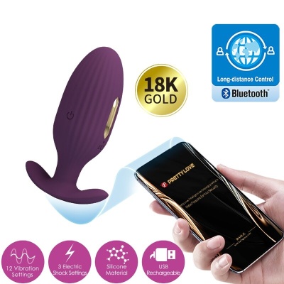 Vibrador roxo com controle remoto preto e dourado, ícones de funções em rosa e selo 18K GOLD
