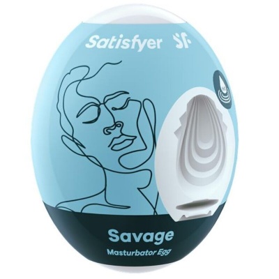 Masturbador em forma de ovo azul e preto com ilustração de rosto e nome Savage Masturbator Egg