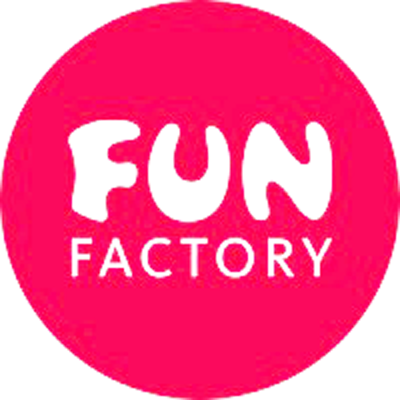 Logotipo circular vermelho com texto branco 'FUN FACTORY'.