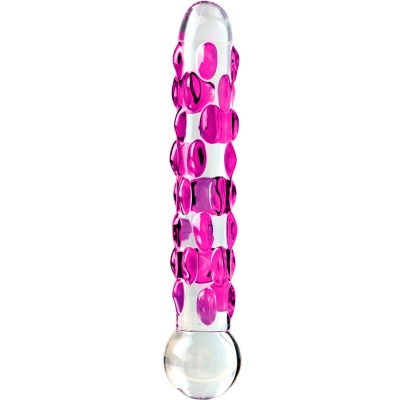 objeto de vidro transparente com detalhes rosa e relevo em bolhas