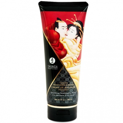 Frasco de creme de massagem Shunga com design vermelho e preto e ilustração de casal