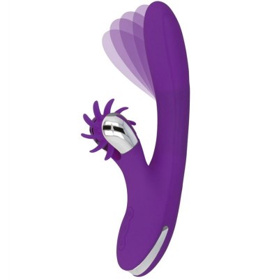 Vibrador roxo em silicone com parte móvel e roldana rotativa prateada