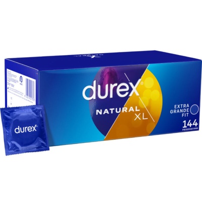 Caixa azul de preservativos Durex Natural XL com texto e preservativo embalado azul
