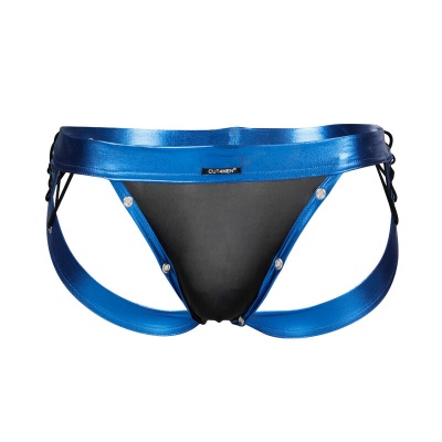 Cueca jockstrap azul metalizado com painel preto e rebites prateados