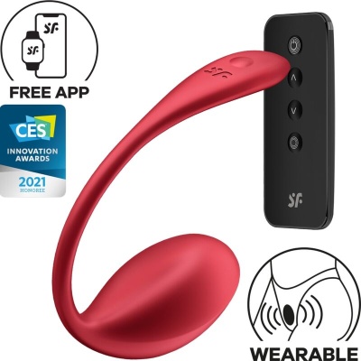 Dispositivo wearable vermelho e preto com comando preto e texto promocional