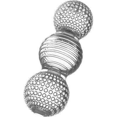 Objeto transparente com três esferas texturizadas conectadas entre si.