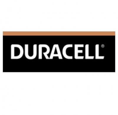 Logótipo Duracell com letras brancas em fundo preto e faixa castanha