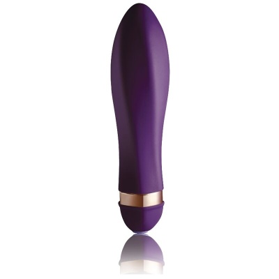 Vibrador roxo com detalhe dourado em fundo branco
