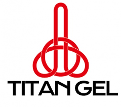 Logótipo com desenho abstrato vermelho e texto preto TITAN GEL