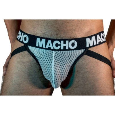 Cueca jockstrap masculina branca e preta com texto MACHO no elástico da cintura