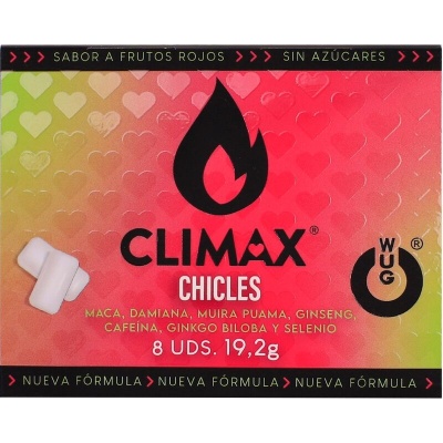 Embalagem colorida de chicletes CLIMAX com texto em espanhol e vários ingredientes listados.