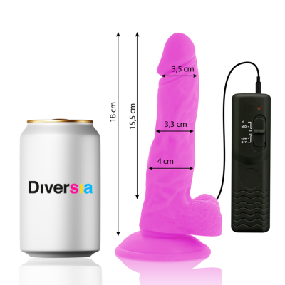 Vibrador cor de rosa com base de ventosa e comando, ao lado lata branca com texto Diversia.