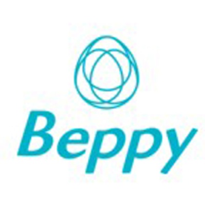 Logótipo azul com texto 'Beppy' e forma oval entrelaçada sobre fundo branco