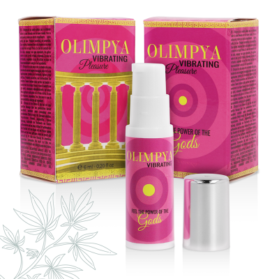 Frasco cosmético branco com tampa prateada e rótulo rosa e amarelo, com duas embalagens quadradas rosa com colunas gregas e texto OLIMPYA VIBRATING