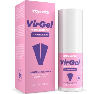 Frasco e caixa do gel adstringente VirGel da intymate, embalgem rosa com texto azul escuro