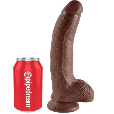 Dildo castanho com base de ventosa ao lado de lata vermelha com texto 'pipedream'