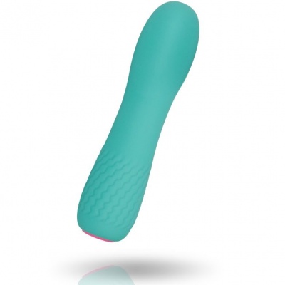 Vibrador azul turquesa com textura ondulada e detalhe rosa