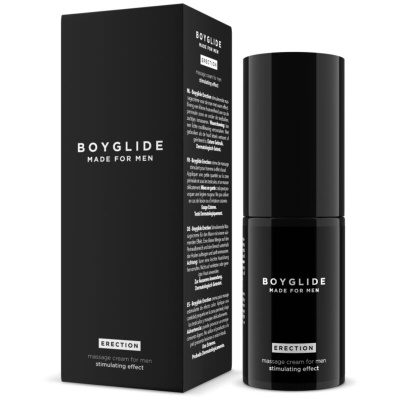 Frasco e caixa pretos de creme de massagem para homens com texto branco