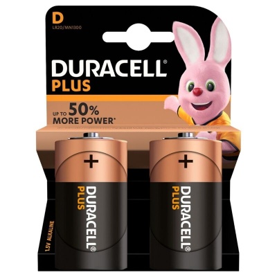Pacote de duas pilhas Duracell Plus tipo D com imagem do coelho Duracell