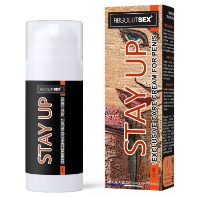 Frasco branco de creme e caixa com detalhes em preto e laranja rotulados STAY UP.