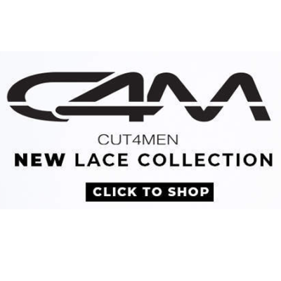 Logótipo C4M com texto promocional 'CUT4MEN NEW LACE COLLECTION CLICK TO SHOP'