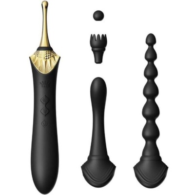 Conjunto de acessórios sexuais em silicone preto com detalhes dourados.