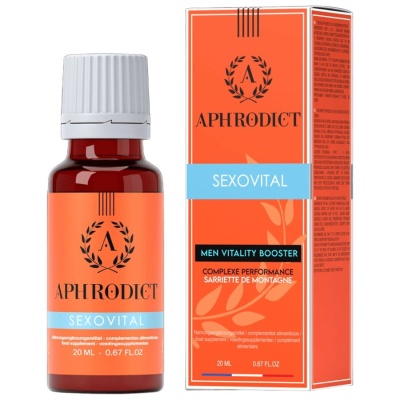 Frasco e caixa do suplemento alimentar Aphrodict Sexovital em cores laranja e azul