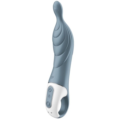 Vibrador azul com textura em relevo e base branca com botões