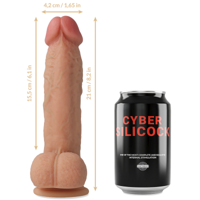 Dildo realista pele ao lado de lata preta com texto vermelho CYBER SILICOCK