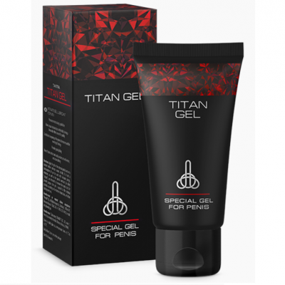 Frasco de gel preto e embalagem com texto TITAN GEL