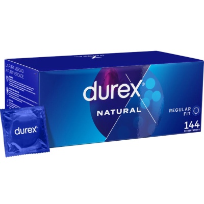 Caixa de preservativos Durex Natural azul com 144 unidades e embalagem individual azul