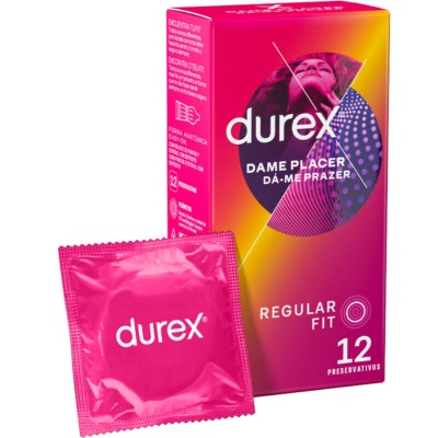 Embalagem rosa e amarela de preservativos Durex com texto e imagem de mulher