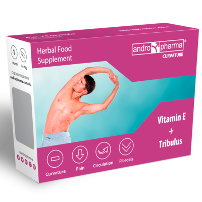 Embalagem de suplemento alimentar andro pharma CURVATURE com homem a alongar e texto sobre vitaminas