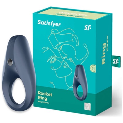 Anel vibratório azul escuro Rocket Ring da Satisfyer com embalagem azul.